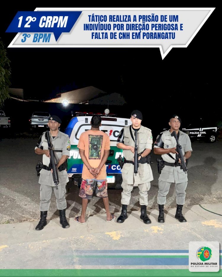 TÁTICO REALIZA A PRISÃO DE UM INDIVÍDUO POR DIREÇÃO PERIGOSA E FALTA DE CNH EM PORANGATU